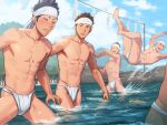  5boys bandana blue_sky blush brown_eyes brown_hair cloud cloudy_sky dive fundoshi highres japanese_clothes jumping male_focus male_swimwear multiple_boys muscular muscular_male ocean open_mouth original pectorals people playing sand shaved_head shide sky smile sparkle spiked_hair splashing tettabuzz thick_eyebrows tree wading white_bandana white_male_swimwear 