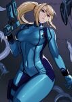  1girl absurdres artist_name blonde_hair blue_bodysuit blue_eyes bodysuit breasts covered_navel floating_hair grey_background gun hair_tie hand_up highres holding holding_gun holding_weapon holster kagematsuri large_breasts long_hair looking_to_the_side metroid mole mole_under_mouth parted_lips ponytail samus_aran sidelocks solo tentacles thigh_holster tight trigger_discipline twitter_username weapon zero_suit 