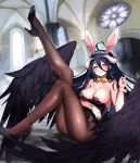  1girl absurdres ahoge albedo_(overlord) animal_ears arm_under_breasts bangs bare_arms bare_shoulders black_footwear black_hair black_leotard black_wings bow bowtie breasts brown_pantyhose cleavage closed_mouth collar commentary fake_animal_ears feathered_wings full_body hair_between_eyes hand_up high_heels highres horns indoors leg_up legs leotard long_hair looking_at_viewer medium_breasts overlord_(maruyama) pantyhose playboy_bunny rabbit_ears sidelocks smile solo strapless strapless_leotard twitter_username white_collar wings wrist_cuffs yellow_bow yellow_bowtie yellow_eyes yuniiho 