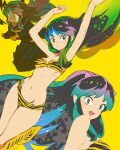  1girl animal_print aqua_eyes arms_up bangs bare_arms bikini blue_hair boots breasts chibi cowboy_shot fang gabu_(az210309) gradient_hair green_hair highres horns knee_boots long_hair looking_at_viewer lum medium_breasts midriff multicolored_hair multiple_views navel open_mouth pointy_ears print_bikini purple_hair school_uniform serafuku sidelocks smile swimsuit thighs tiger_print underboob upper_body urusei_yatsura yellow_background 