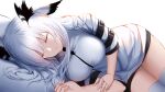  1girl absurdres an_yasuri arknights banned_artist breasts closed_eyes cowboy_shot dress grey_dress grey_hair highres large_breasts long_hair lying on_side owl_ears parted_lips ptilopsis_(arknights) short_sleeves simple_background solo thighs white_background 