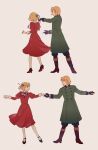  1boy 1girl axis_powers_hetalia black_gloves black_pants blonde_hair boots bow dancing dress gloves green_eyes hair_ribbon highres holding_hands juliet_sleeves liechtenstein_(hetalia) long_sleeves looking_at_another mary_janes military military_uniform multiple_views pants puffy_pants puffy_sleeves purple_bow ribbon shoes short_hair siblings simple_background sleeve_cuffs smile switzerland_(hetalia) thighhighs uniform vvvrsi3636 white_thighhighs 
