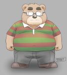 2022 anthro belly big_belly bottomwear brown_body clothing eyewear glasses humanoid_hands kemono male mammal mature_male overweight overweight_male pants shirt solo topwear toshi_(artist) ursid 