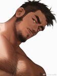  1boy bara beard black_hair chest_hair come_hither completely_nude facial_hair goatee hairy highres large_pectorals leg_hair long_sideburns looking_at_viewer male_focus mature_male muscular muscular_male nude original pectorals portrait powerlesssong seductive_smile short_hair sideburns smile solo thick_eyebrows 