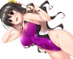  1girl black_hair breasts competition_swimsuit cowboy_shot fang hair_ribbon hand_in_own_hair highleg highleg_swimsuit highres kantai_collection large_breasts long_hair looking_at_viewer multicolored_hair naganami_(kancolle) one-piece_swimsuit open_mouth pink_hair purple_one-piece_swimsuit ribbon simple_background solo swimsuit two-tone_hair wavy_hair white_background yellow_eyes yellow_ribbon yoshi_tama 
