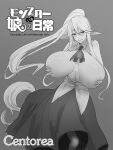  1girl animal_ears ascot bangs blush breasts centaur centorea_shianus character_name closed_mouth collared_shirt commentary_request copyright_name feet_out_of_frame grabbing_own_breast greyscale hair_between_eyes horse_ears horse_tail huge_breasts long_hair looking_at_viewer minami_koyogi monochrome monster_musume_no_iru_nichijou nipples no_bra open_clothes open_shirt pointy_ears ponytail shirt skirt sleeveless sleeveless_shirt solo tail taur 