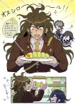  1girl 2boys :d ahoge bangs black_hair brown_jacket checkered_clothes checkered_scarf commentary_request danganronpa_(series) danganronpa_v3:_killing_harmony dress food fork glasses gokuhara_gonta green_hair hair_over_one_eye happy highres holding holding_food insect_cage jacket kumakoro_(tetsupag) long_sleeves maid multiple_boys necktie open_mouth ouma_kokichi plate round_eyewear scarf shiny shiny_hair shirt short_hair smile sparkle speech_bubble sweatdrop toujou_kirumi translation_request white_background worm yellow_background 