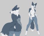  anthro black_body black_fur border_collie bottomwear breasts butt canid canine canis clothed clothing collie domestic_dog female fur genitals herding_dog hi_res lf looking_at_viewer looking_back mammal pants partially_clothed pastoral_dog paws presenting presenting_hindquarters pussy rear_view sheepdog simple_background smile solo standing teasing topless tuft white_body white_fur 