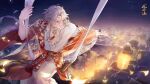  1boy bangs bishounen chinese_clothes floating gem girly_boy hanfu highres hua_yi_shan_xin_zhi_yue lantern long_hair long_sleeves looking_away male_focus official_art outdoors paper_lantern parted_bangs pearl_(gemstone) red_eyes sky_lantern solo white_hair wide_sleeves xie_xingyi 