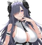  1girl august_von_parseval_(azur_lane) august_von_parseval_(the_conquered_unhulde)_(azur_lane) azur_lane bangs bare_shoulders blush breasts clothing_cutout curled_horns dress frills hair_over_one_eye highres horns large_breasts long_hair looking_at_viewer maid_headdress mechanical_horns official_alternate_costume parted_lips purple_eyes purple_hair red_nails sleeveless solo upper_body very_long_hair white_background white_dress zest_(watts99) 