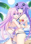 2girls armband bangs beach bikini blue_eyes blush braid breasts cup english_commentary hair_between_eyes hair_flaps hair_ornament hand_on_another&#039;s_head highres holding holding_cup hug lewdkuma long_hair looking_at_viewer medium_breasts multiple_girls neptune_(series) ocean open_mouth outdoors palm_tree pink_hair power_symbol purple_hair purple_heart purple_sister sidelocks signature smile sun swimsuit symbol-shaped_pupils thigh_strap tree twin_braids 