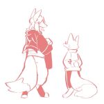  1:1 ambiguous_gender anthro asnnonaka bottomwear canid clothed clothing digitigrade dipstick_tail duo eyewear glasses hair hair_over_eye mammal markings monochrome one_eye_obstructed rear_view red_and_white simple_background size_difference sketch standing tail_markings topwear unsigned 