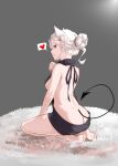  1girl animal_ears ass backless_dress backless_outfit bangs bare_back bare_shoulders barefoot breasts cerberus_(helltaker) demon_tail dog_ears dress grey_background halterneck heart helltaker highres large_breasts looking_at_viewer meme_attire naihe naked_sweater ribbed_sweater short_hair sideboob simple_background sitting solo spoken_heart sweater sweater_dress tail turtleneck turtleneck_sweater virgin_killer_sweater 