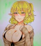  1girl alternate_costume bangs bikini bikini_under_clothes black_bikini blonde_hair blush breasts bright_pupils brown_shirt cleavage closed_mouth commentary_request green_eyes half-closed_eyes hands_on_own_breasts highres large_breasts looking_at_viewer mizuhashi_parsee off_shoulder pointy_ears shirt short_hair short_ponytail sleeves_past_wrists smile solo swimsuit touhou traditional_media upper_body washiwa white_pupils 