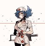 bangs blood blood_on_face blood_on_hands blue_hair bonesaw breasts cleava cleavage cross cuts eyepatch h_g10_10 hat injury large_breasts mask medical_eyepatch medium_hair mouth_mask nurse nurse_cap parted_bangs red_cross red_eyes skullgirls surgical_mask thighs valentine_(skullgirls) 