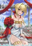  1girl ahoge bangs bare_shoulders blonde_hair blush braid breasts cleavage collarbone dress fate/grand_order fate_(series) french_braid green_eyes hair_bun hair_intakes highres large_breasts long_hair looking_at_viewer nero_claudius_(fate) nero_claudius_(formal_dress)_(fate) open_mouth petals rose_petals ryuuneart single_hair_bun smile solo thighlet thighs white_dress 