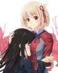  2girls arjend black_hair blonde_hair blush breasts closed_eyes face_to_breasts flower grin hair_ribbon hand_on_another&#039;s_head holding_hands inoue_takina large_breasts long_hair looking_at_viewer lycoris_recoil lycoris_uniform medium_hair multiple_girls nishikigi_chisato orange_eyes ribbon simple_background smile spider_lily white_background yuri 