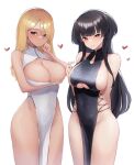  2girls absurdres alternate_costume arm_behind_back arm_under_breasts bare_shoulders black_hair blonde_hair breasts brown_eyes china_dress chinese_clothes cleavage cleavage_cutout clothing_cutout dress earrings heart highres hoop_earrings idolmaster idolmaster_shiny_colors izumi_mei jewelry large_breasts long_hair looking_at_viewer mayuzumi_fuyuko multiple_girls no_panties orange_eyes pelvic_curtain raised_eyebrows side_slit simple_background skindentation suzuya_(maru) underboob_cutout v-shaped_eyebrows white_background 