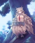  1girl ai-assisted atuba bangs blush breasts brown_hair feathered_wings feathers fluffy hair_between_eyes harpy highres in_tree large_breasts looking_at_viewer monster_girl monster_girl_encyclopedia neck_ruff necktie owl_girl owl_mage_(monster_girl_encyclopedia) short_hair sitting sitting_in_tree solo talons tree twitter_username winged_arms wings yellow_eyes 