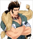 1boy bara blonde_hair body_hair brown_hair chest_hair commentary facial_hair fur_shawl green_eyes green_shirt hairy highres jewelry large_pectorals long_sideburns looking_at_viewer low_ponytail magatama magatama_necklace male_focus medium_hair multicolored_hair muscular muscular_male necklace pectoral_cleavage pectorals shawl shirt sideburns smile solo streaked_hair stubble thick_eyebrows tokyo_afterschool_summoners upper_body white_background yamasachihiko_(housamo) yon_yon_(shikawafu) 