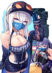  2girls alternate_costume azur_lane bare_shoulders baseball_cap blue_hair breasts cleavage enterprise_(azur_lane) enterprise_(wind_catcher)_(azur_lane) essex_(azur_lane) eyewear_on_head glasses gloves ground_vehicle hair_between_eyes hat highres hm_(hmongt) jacket long_sleeves mask motor_vehicle motorcycle multiple_girls official_alternate_costume ponytail sidelocks sitting sleeveless stadium standing twintails white_gloves white_hair yamaha 