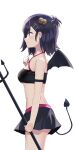  1girl absurdres arm_strap bandeau bare_shoulders black_hair black_skirt breasts closed_mouth cowboy_shot demon_girl demon_horns demon_tail demon_wings from_side gabriel_dropout hair_ornament hairclip highres holding horns medium_breasts midriff miniskirt polearm profile purple_eyes revealing_clothes short_hair simple_background skirt sleeveless smile solo sounuryu_ta spaghetti_strap standing tail thighs trident underboob vignette_tsukinose_april weapon white_background wings x_hair_ornament 