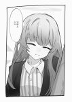  1girl absurdres ao_oni_(onioni-aoi) arknights bandaid bandaid_on_neck bangs border closed_eyes collared_shirt facing_viewer greyscale halo highres jacket lemuen_(arknights) long_hair monochrome open_clothes open_jacket parted_lips shirt smile solo speech_bubble striped striped_shirt translation_request upper_body vertical-striped_shirt vertical_stripes 