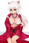  1girl absurdres animal_ears bare_legs bead_necklace beads breasts cleavage collarbone darkmoney darkmoney14 dog_ears fingernails genderswap genderswap_(mtf) hair_between_eyes highres inuyasha inuyasha_(character) japanese_clothes jewelry large_breasts long_fingernails long_hair looking_at_viewer miko necklace open_clothes simple_background sitting solo tan tanlines white_background white_hair white_nails wide_sleeves yellow_eyes 