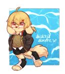  anthro asnnonaka black_bottomwear black_clothing black_legwear black_shorts blonde_hair bottomwear brown_clothing brown_jacket brown_topwear canid chibi chinese_text closed_smile clothed clothing eyewear front_view full-length_portrait fur glasses glistening glistening_eyes hair hand_in_pocket headphones headphones_around_neck hi_res jacket legwear looking_at_viewer male mammal mouth_closed pockets portrait red_eyes shorts signature simple_background solo square_glasses standing tan_body tan_ears tan_fur tan_tail text topwear translation_request 