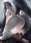  1girl albedo_(overlord) ass bare_shoulders barefoot black_feathers black_hair black_wings breasts demon_girl demon_horns dress feathered_wings feathers from_behind hair_between_eyes hip_vent horns jewelry kneeling large_breasts long_hair looking_at_viewer looking_back low_horns low_wings necklace off-shoulder_dress off_shoulder olesyaspitz overlord_(maruyama) solo white_dress white_horns wings yellow_eyes 