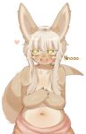  &lt;3 4_fingers anthro bodily_fluids breasts brown_body brown_fur covering covering_breasts covering_self digital_media_(artwork) english_text female fingers fredek666 fur hair hi_res lagomorph leporid looking_aside looking_away made_in_abyss mammal nanachi narehate navel open_mouth open_smile rabbit simple_background smile solo sweat teeth text tongue white_background white_hair yellow_eyes young 
