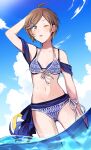  1girl ;o ahoge arm_at_side arm_up bangs bikini blue_bikini blue_eyes blue_sky brown_hair cloud cloudy_sky front-tie_bikini_top front-tie_top fuji_fujino gradient_eyes hair_ornament hairclip halterneck hand_on_own_head highres layered_bikini looking_at_viewer magia_record:_mahou_shoujo_madoka_magica_gaiden mahou_shoujo_madoka_magica midriff multicolored_eyes navel off-shoulder_bikini off_shoulder one_eye_closed parted_lips partially_submerged sasame_yozuru short_hair short_sleeves side-tie_bikini_bottom sky solo spaghetti_strap sweat swept_bangs swimsuit water yellow_eyes 