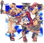  2000s_(style) 3girls acolyte_(ragnarok_online) archer_(ragnarok_online) arrow_(projectile) artist_request bangs belt biretta black_eyes black_thighhighs blonde_hair blue_dress boots bow_(weapon) brown_capelet brown_dress brown_footwear brown_gloves brown_hair brown_shirt brown_skirt capelet cat chest_guard dress full_body gloves hair_between_eyes holding holding_bow_(weapon) holding_club holding_sword holding_weapon katana long_hair looking_to_the_side lowres multiple_girls open_mouth pantyhose ragnarok_online red_hair shirt shoes short_dress short_hair short_sleeves skirt sword swordsman_(ragnarok_online) thighhighs weapon 