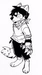  anthro asnnonaka black_and_white bottomwear canid clothed clothing dipstick_tail ears_back fluffy fluffy_tail full-length_portrait gloves hair handwear hi_res male mammal markings messy_hair monochrome mouth_closed narrowed_eyes neckerchief pants pivoted_ears portrait shirt short_hair simple_background simple_eyes solo standing t-shirt tail_markings three-quarter_view topwear unsigned 