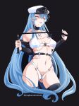  1girl absurdres akame_ga_kill! black_thighhighs blue_eyes blue_hair breasts chest_tattoo clip_studio_paint_(medium) collarbone commission detached_sleeves esdeath hat highres holding holding_whip large_breasts long_hair navel one_eye_closed peaked_cap revealing_clothes solo tattoo thighhighs underboob very_long_hair white_headwear yuu_nagi1322 