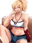  1girl absurdres artoria_pendragon_(fate) blonde_hair breasts collarbone fate/apocrypha fate/grand_order fate_(series) green_eyes highres medium_breasts mordred_(fate) mordred_(fate/apocrypha) navel open_mouth ponytail saber shadowcero short_shorts shorts simple_background thighs white_background 