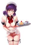  1girl apron apron_lift bangs black_bra black_panties bra breasts brooch cake cake_slice censored commentary cowboy_shot cup food gloves heart heart_censor highres holding holding_tray jewelry lifted_by_self looking_at_viewer low_twintails maid maid_headdress medium_breasts medium_hair nipples open_mouth original panties panty_pull purple_hair reco_(fortunequest) saucer see-through_gloves short_twintails side-tie_panties simple_background solo sweat symbol-only_commentary teacup tray twintails underwear waist_apron white_apron white_background yellow_eyes 