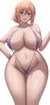  1girl absurdres bangs blush breasts brown_eyes brown_hair cleavage collarbone hair_between_eyes hand_up highres incredibly_absurdres jasony large_breasts looking_at_viewer navel parted_lips purple_one-piece_swimsuit sideboob simple_background smile solo swimsuit thighs white_background wide_hips yahari_ore_no_seishun_lovecome_wa_machigatteiru. yuigahama_yui&#039;s_mother 