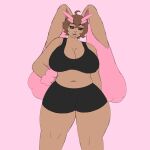  1:1 anthro big_breasts bonnie_(dirkstridoritos) bottomwear bra breasts brown_body brown_fur brown_hair chubby_anthro chubby_female cleavage clothed clothing dirkstridoritos female floppy_ears fur generation_4_pokemon hair hand_on_hip hi_res lopunny nintendo pink_eyes pink_nose pokemon pokemon_(species) shiny_pokemon shorts solo sports_bra thick_thighs underwear video_games wide_hips workout_clothing 