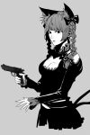  1girl animal_ears bangs bow braid breasts cat_ears cat_tail cleavage cleavage_cutout clothing_cutout commentary_request cowboy_shot dress extra_ears frilled_dress frilled_sleeves frills greyscale gun hair_bow handgun holding holding_gun holding_weapon juliet_sleeves kaenbyou_rin long_hair long_sleeves looking_at_viewer medium_breasts minami_koyogi monochrome multiple_tails parted_lips pointy_ears puffy_sleeves simple_background solo tail touhou twin_braids two_tails weapon 