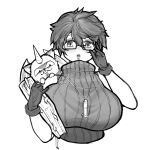  1girl absurdres adjusting_eyewear aussa_(yu-gi-oh!) aussa_the_earth_charmer bangs blush book breasts commentary_request duel_monster gloves greyscale hair_between_eyes highres holding holding_book jewelry large_breasts looking_at_viewer messy_hair monochrome necklace open_mouth rectangular_eyewear ribbed_sweater scemonkey semi-rimless_eyewear short_hair simple_background solo sweater turtleneck turtleneck_sweater yu-gi-oh! 