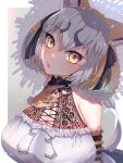  1girl animal_ear_fluff animal_ears belt breasts dress fox_ears fox_girl fox_tail gloves grey_hair hat highres huge_breasts island_fox_(kemono_friends) kemono_friends kemono_friends_v_project large_breasts long_hair looking_at_viewer multicolored_hair orange_eyes orange_hair ribbon sarutori simple_background solo summer sundress tail virtual_youtuber 