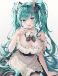  1girl alternate_costume apron aqua_eyes aqua_hair aqua_nails blush hair_ornament hatsune_miku highres long_hair looking_at_viewer myless open_mouth ribbon simple_background smile solo twintails very_long_hair vocaloid white_background 