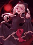  1girl :d bangs black_bow black_dress bow breasts covered_navel dress frilled_dress frills gothic_lolita hair_bow highres lolita_fashion long_hair looking_at_viewer medium_breasts open_mouth overlord_(maruyama) pink_eyes ponytail red_bow red_eyes ru_wan_chi shalltear_bloodfallen shiny shiny_hair smile solo vampire 
