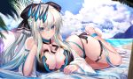  1girl ankle_ribbon bangs beach bikini black_bow blue_eyes blush bow braid breasts cleavage cloud criss-cross_halter detached_sleeves fate/grand_order fate_(series) french_braid grey_hair hair_bow hair_ornament halterneck large_breasts leg_ribbon long_hair looking_at_viewer lying morgan_le_fay_(fate) neko_daruma o-ring on_side ribbon side-tie_bikini_bottom sidelocks solo swimsuit thighs very_long_hair 