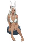  1girl :p animal_ears arm_at_side arm_between_legs bangs bare_arms bare_legs barefoot boku_no_hero_academia bra breasts cleavage collarbone commentary cushion dark-skinned_female dark_skin feet forehead full_body highres jason_kim knees_together_feet_apart lace-trimmed_bra lace_trim large_breasts long_bangs long_hair mirko rabbit_ears rabbit_girl red_eyes sitting slit_pupils solo symbol-only_commentary teeth tongue tongue_out underwear upper_teeth v-shaped_eyebrows white_bra white_hair 