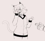  1girl animal_ear_fluff animal_ears blush cat_ears cat_tail choker covering_face embarrassed flying_sweatdrops greyscale highres holding holding_money hood hood_down hoodie implied_prostitution medium_hair money monochrome nyantcha original tail wide-eyed 