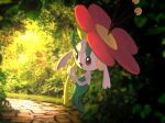  :d commentary day floette flower grass happy highres holding holding_flower horezai no_humans open_mouth outdoors path pokemon pokemon_(creature) red_flower smile solo tongue 