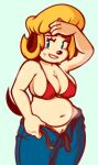  2022 anthro belly belt bikini bikini_top blonde_hair bodily_fluids bottomwear breasts canid canine canis chipposter cleavage clothed clothing denim denim_clothing domestic_dog female genitals grin hair heat_(temperature) jeans mama_parappa mammal musk_clouds open_bottomwear open_clothing open_pants overheated pants parappa_the_rapper partially_clothed portrait pussy slightly_chubby smile solo sony_corporation sony_interactive_entertainment standing sweat swimwear three-quarter_portrait undressing video_games wiping_forehead 