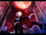  1boy black_border border building cape city closed_eyes closed_mouth cloud collared_shirt floating_hair formal highres male_focus medium_hair melty_blood moon night night_sky okada_pikoguramu open_mouth outstretched_arm red_moon shirt sky tsukihime wallachia wind wind_lift 